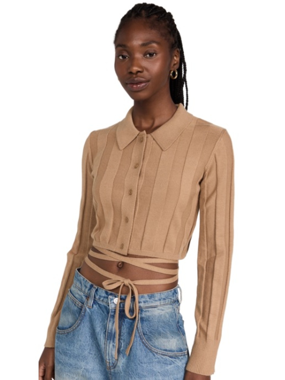 SOMETHING NAVY CROPPED WAIST TIE BUTTON UP SWEATER IN TAN MEDIUM
